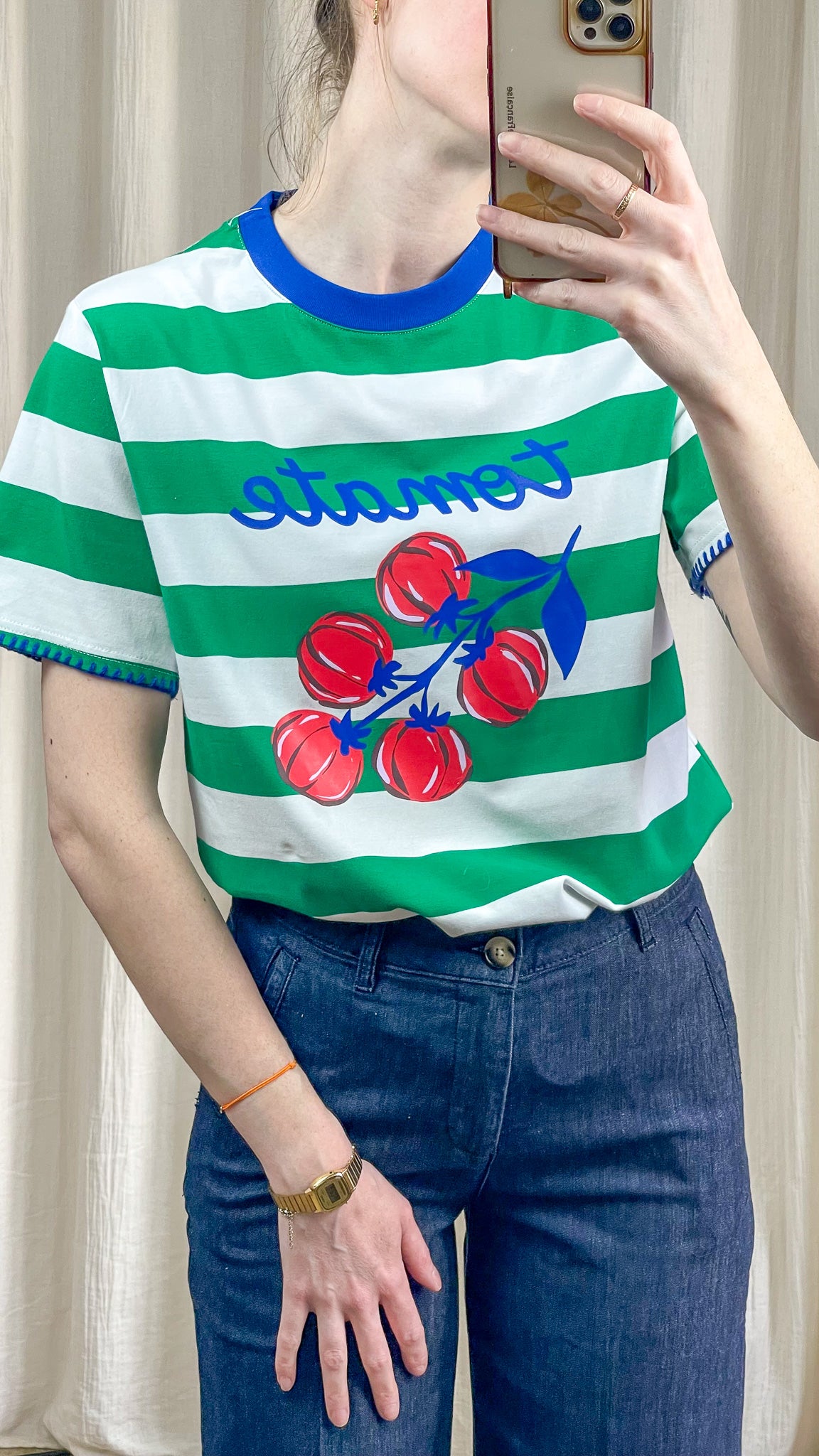 T-shirt femme rayé rouge imprimé fraises ou vert imprimé tomates col contrasté