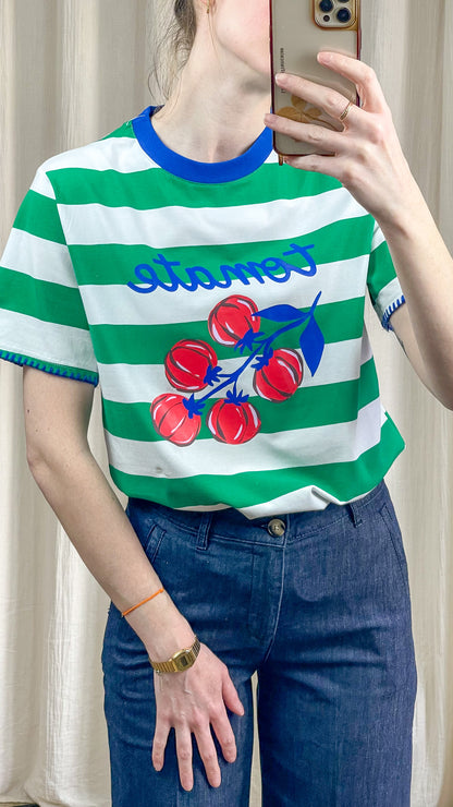 T-shirt femme rayé rouge imprimé fraises ou vert imprimé tomates col contrasté