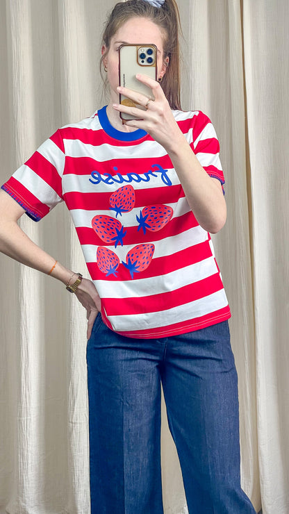 T-shirt rayé rouge femme imprimé fraises coupe droite manches courtes