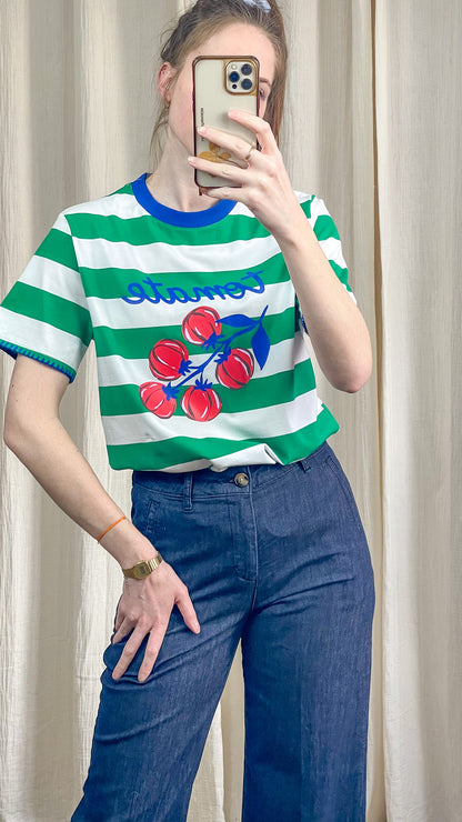 T-shirt rayé vert femme imprimé tomates coupe droite manches courtes