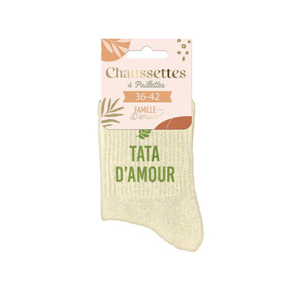 Chaussettes à paillettes à message “Tata d’amour”