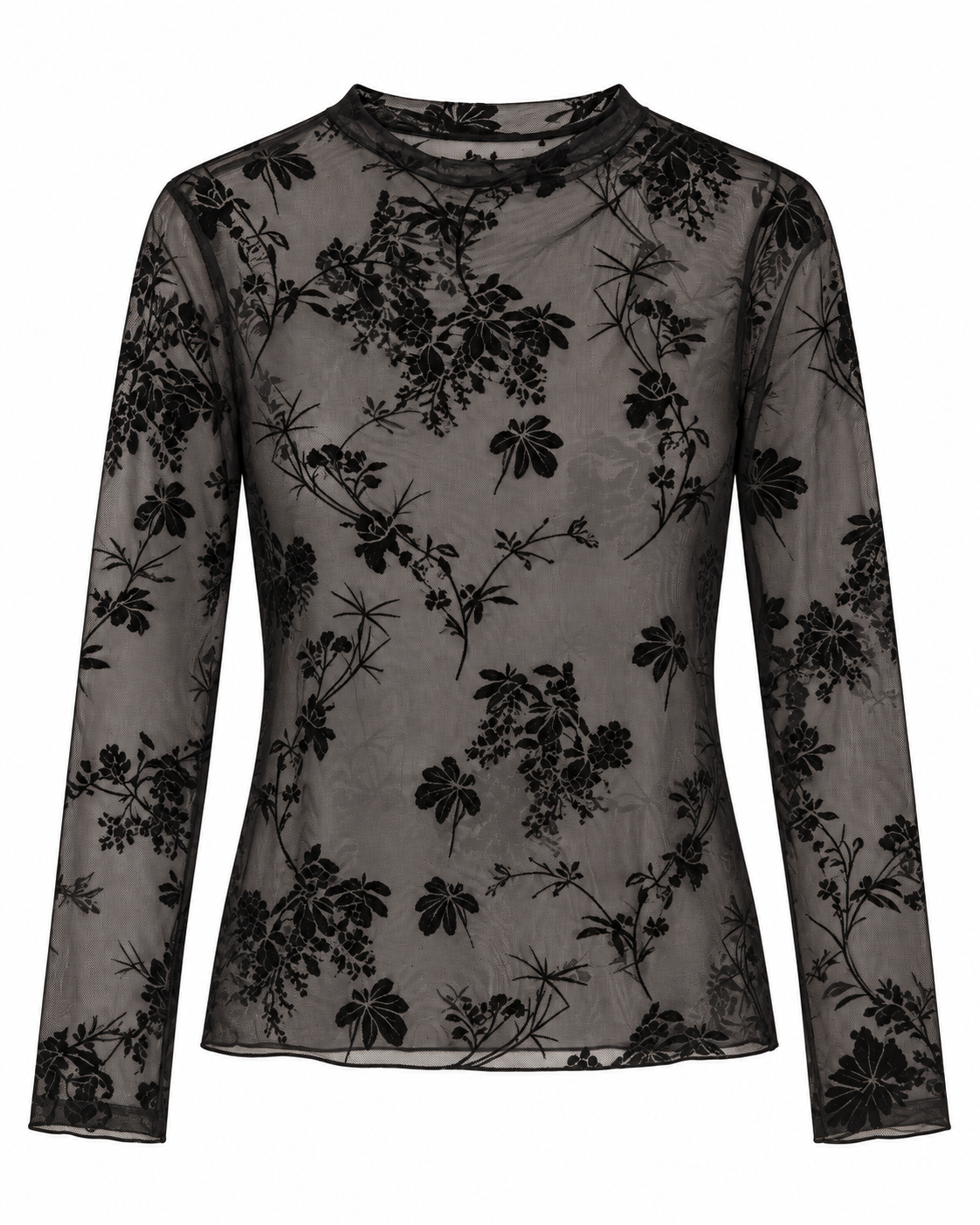Top mesh noir transparent imprimé floral manches longues col montant style bohème chic femme