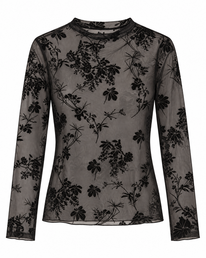 Top mesh noir transparent imprimé floral manches longues col montant style bohème chic femme