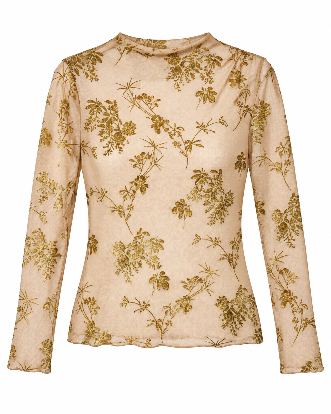 Top mesh beige transparent imprimé floral doré manches longues col montant femme tendance bohème chic