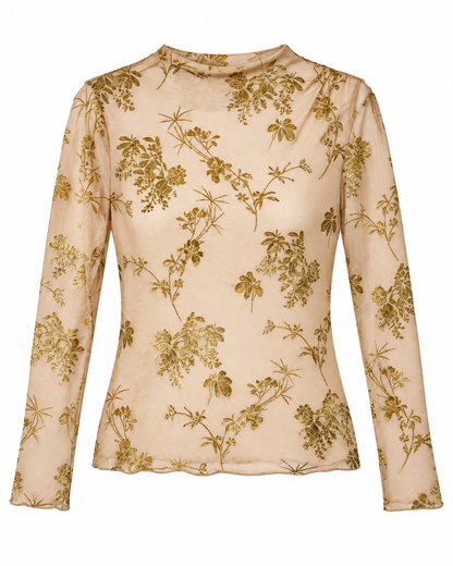 Top mesh beige transparent imprimé floral doré manches longues col montant femme tendance bohème chic