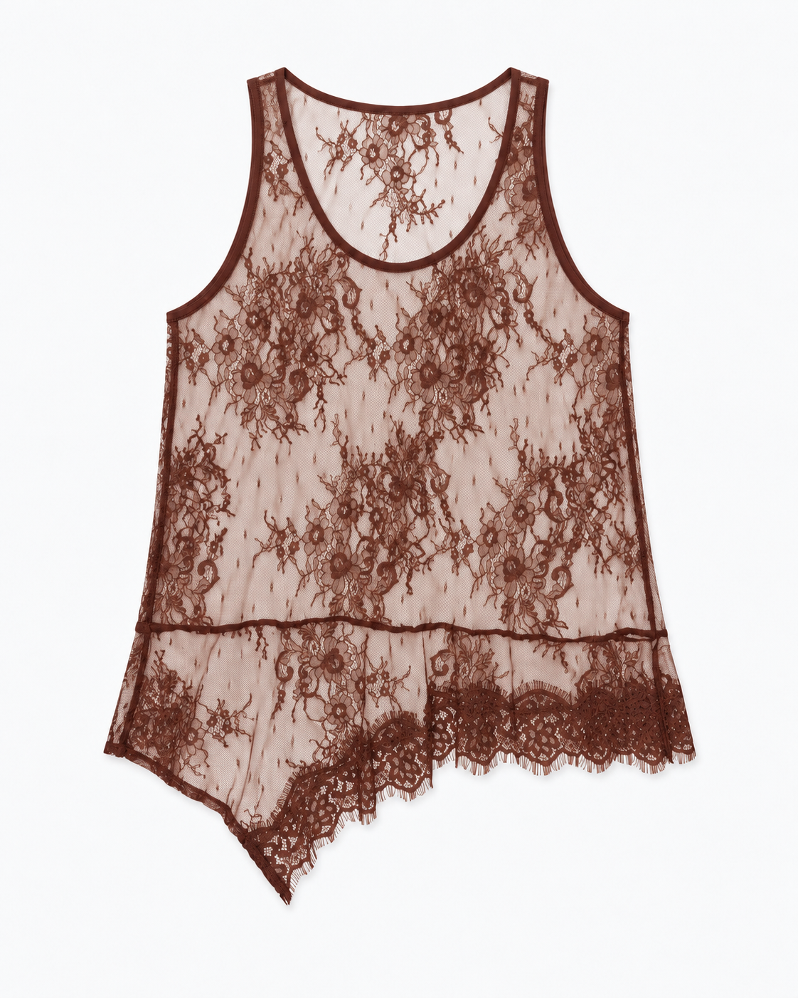 Top asymétrique en dentelle marron chocolat transparent à motifs floraux et ourlet festonné femme style romantique