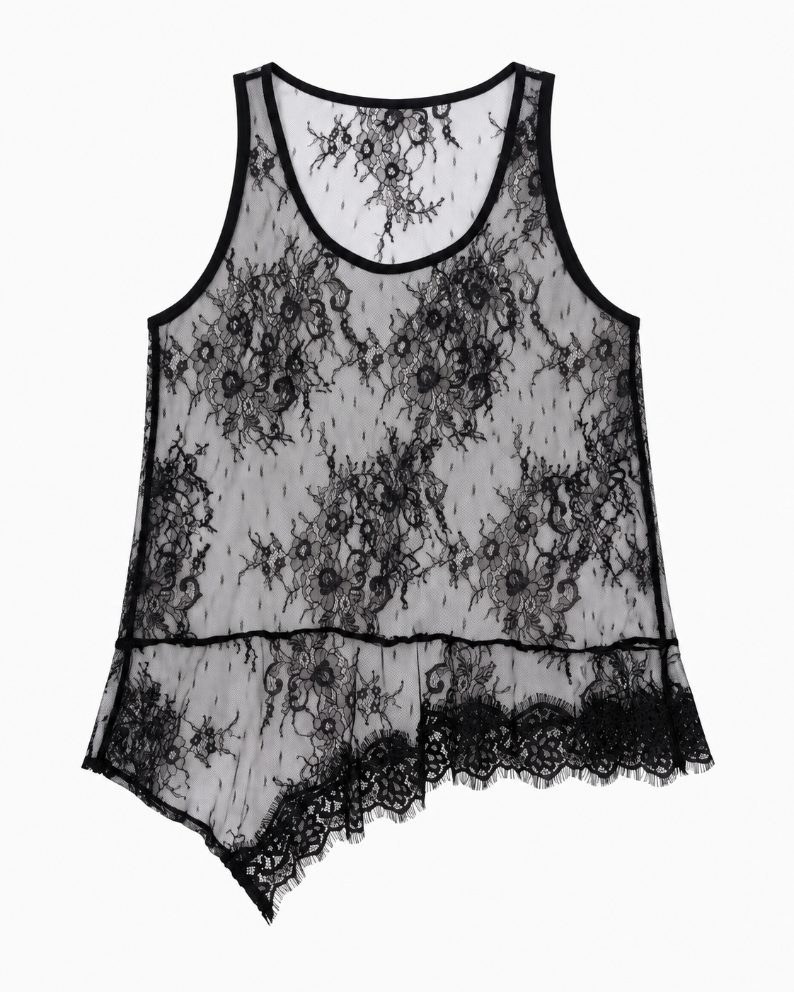 Top asymétrique en dentelle noire transparente motif floral avec ourlet festonné style romantique femme