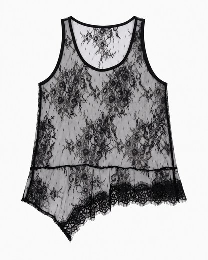 Top asymétrique en dentelle noire transparente motif floral avec ourlet festonné style romantique femme