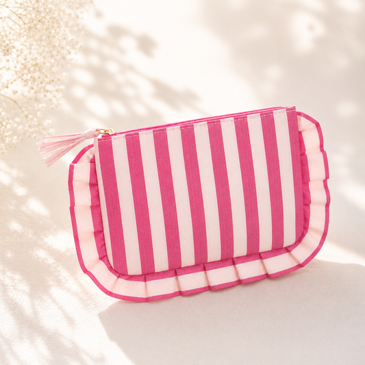 Pochette rayures rose fuchsia avec volants froncés et pompon zip doré dos — cadeau maman 17x10,5 cm
