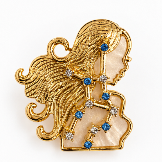Broche dorée signe astrologique Vierge constellation pierres bleues et blanches accessoire femme bijou fantaisie