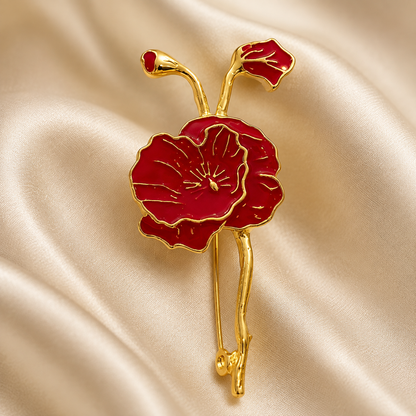 Broche fleur de pavot rouge émaillée dorée style vintage accessoire élégant femme