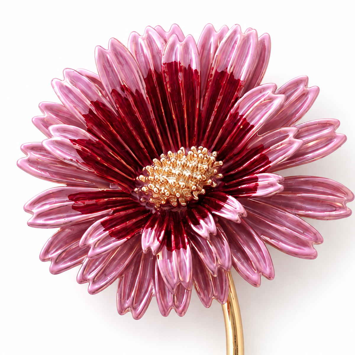 Broche marguerite rose et bordeaux en émail avec centre doré, accessoire bijou fantaisie fleur femme élégant